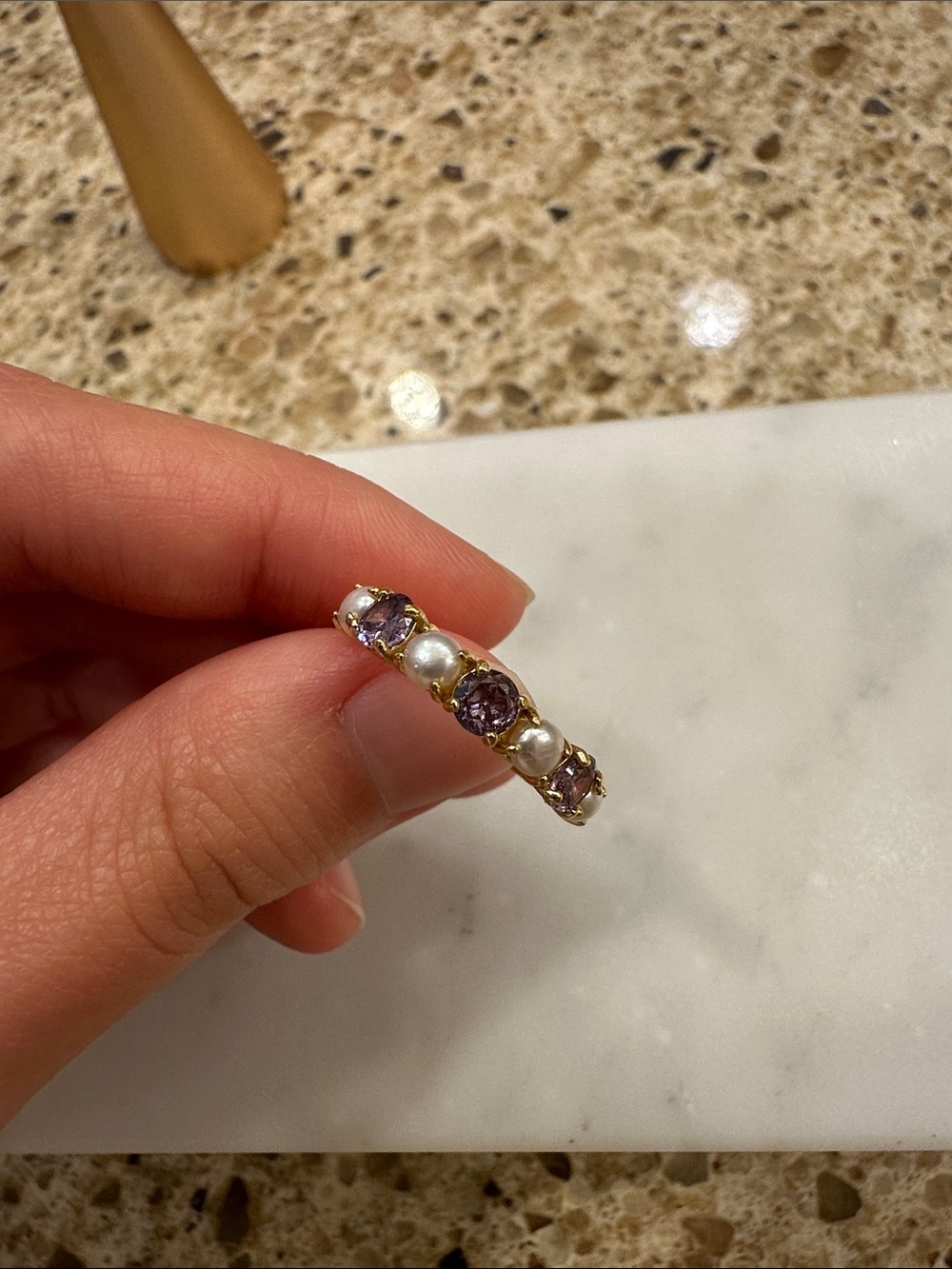 June birthstone alexandrite and pearl ring